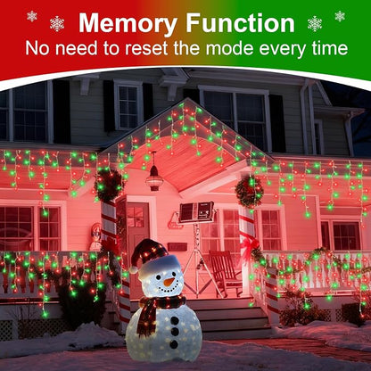 QITONG Red and Green Icicle Lights for Outside, 66ft 800 LED Icicle Christmas Lights Indoor with 8 Modes, Clear Wire Connectable String Lights Plug in