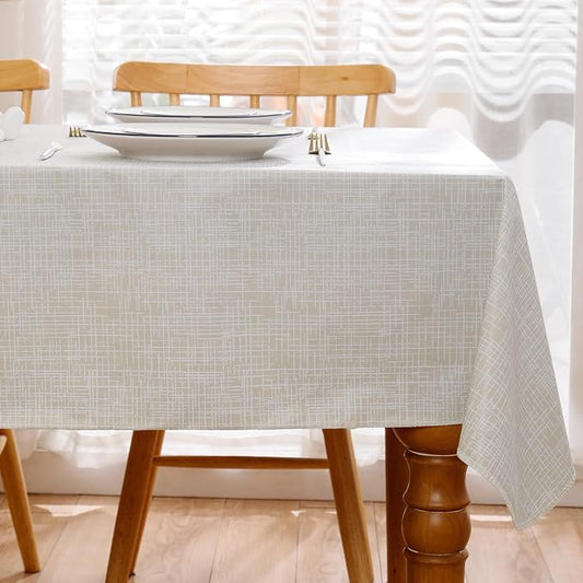 Heavy Duty Vinyl Tablecloth with Flannel Backing Waterproof Oil-Proof Plastic Table Cloth Stain-Resistant Wipeable Rectangle or Square Table Cover for Indoor and Outdoor (Beige Striped,52x70 Inch)