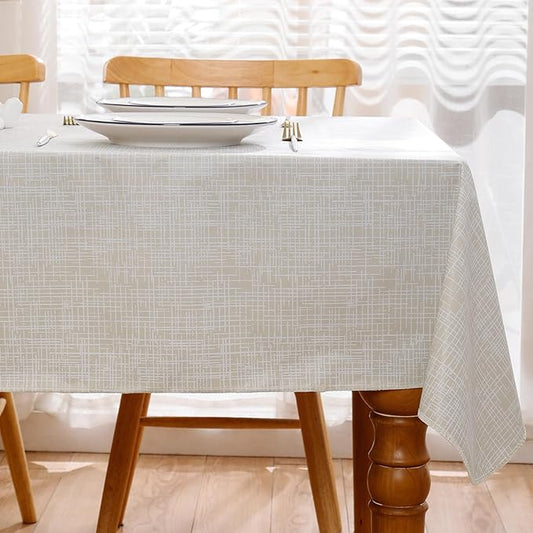 Heavy Duty Vinyl Tablecloth with Flannel Backing Waterproof Oil-Proof Plastic Table Cloth Stain-Resistant Wipeable Rectangle or Square Table Cover for Indoor and Outdoor (Beige Striped,60x84 Inch)