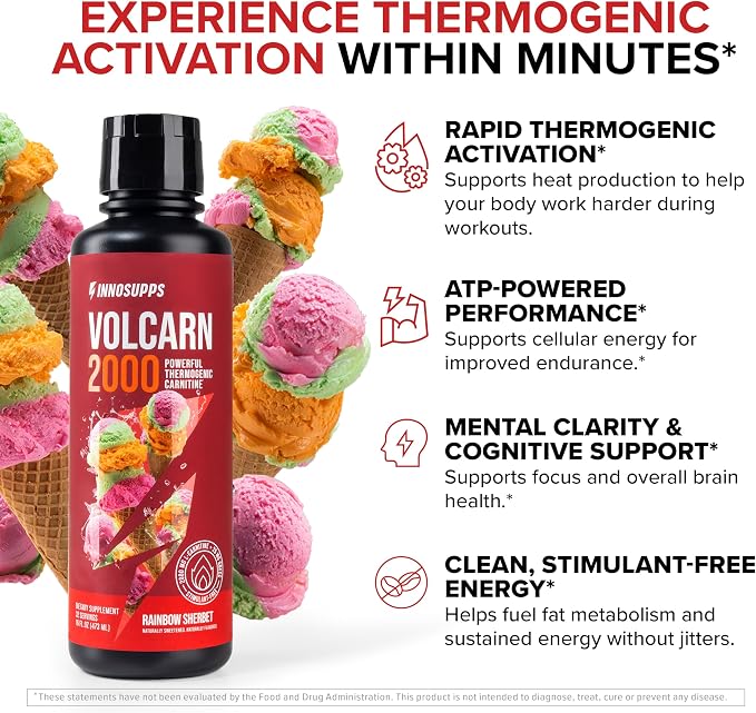 Volcarn 2000 L-Carnitine Liquid Energy, Rainbow Sherbert, 32 Servings | Energy booster and ATP supplement with GBEEC; Enhances focus; Caffeine-free, no artificial sweeteners