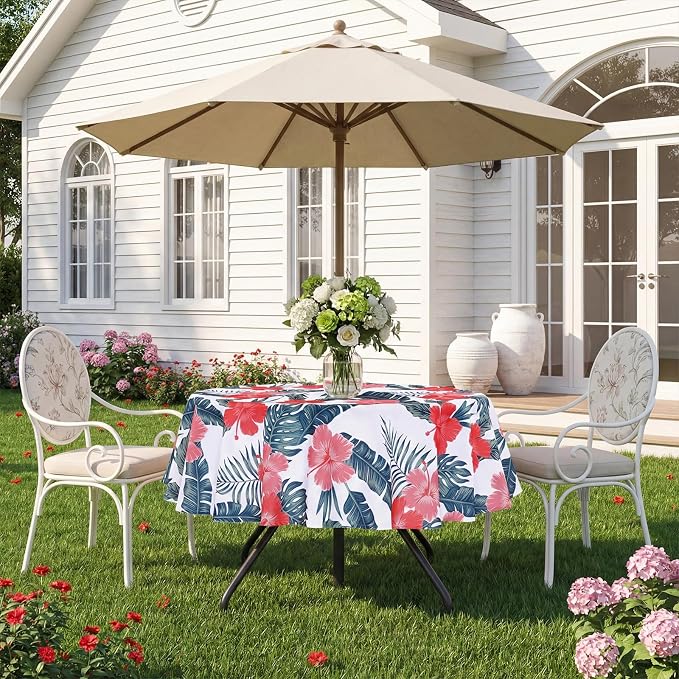 SquarePie Round Outdoor Talecloth with Umbrella Hole and Zipper 60 Inch, Water Resistant SpillProof Patio Table Cloth Cover for Spring Summer Camping Garden Poolside Picnic BBQS,Palm Leaf Red Flower