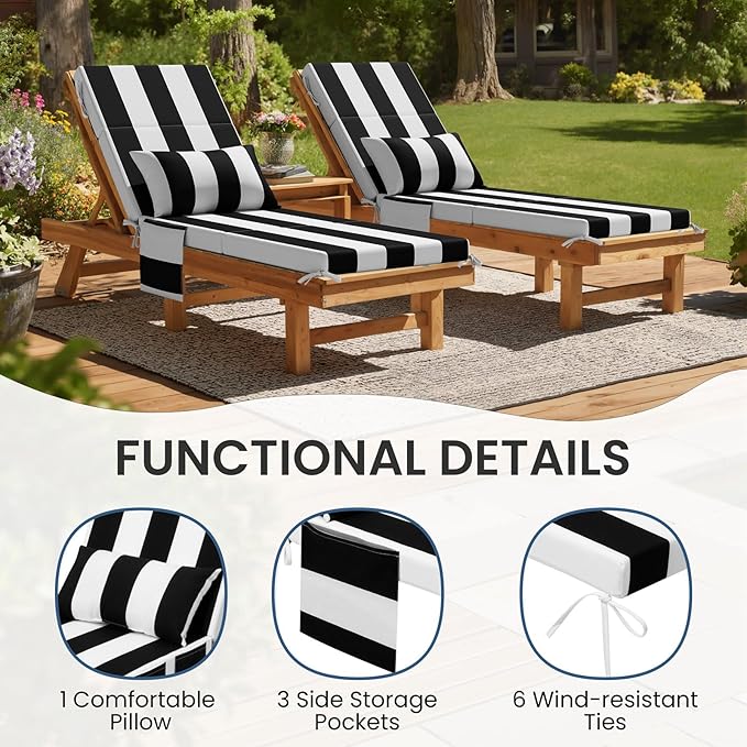 Crestlive Products Foldable Outdoor Chaise Lounge Cushions with Head Pillow and Side Pockets, Water Resistant & Fade Resistant Lounge Chair Cushion, 72''L x 21''W, Set of 2, Black Stripe