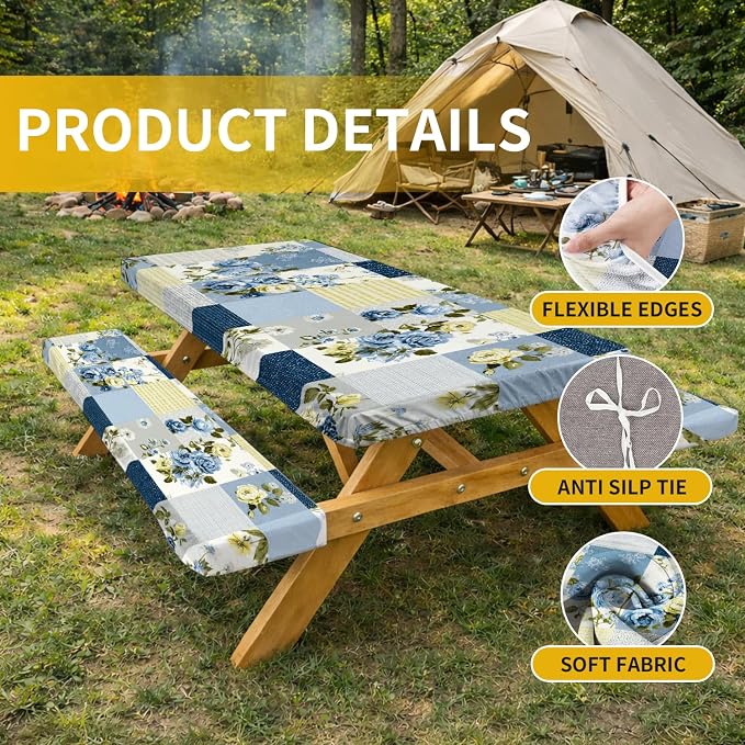 Picnic Table Cover with Bench Covers, 72 X 30 Inch Elastic Fitted Camping Tablecloth with Strap Design for 6FT Rectangle Tables, Windproof Outdoor Tablecloth Set with Storage Bag