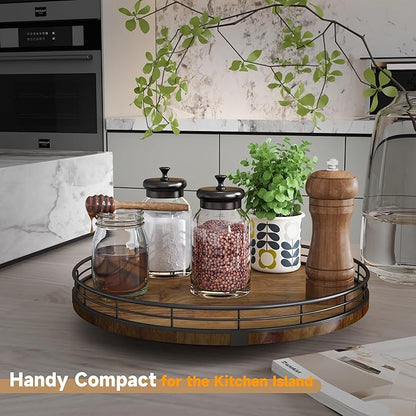 AMH 12-Inch Farmhouse Oak Lazy Susan Organizer, Walnut Finish | Smooth rotating oak tray with walnut finish for dining tables, kitchen counters, pantries and cabinet storage.