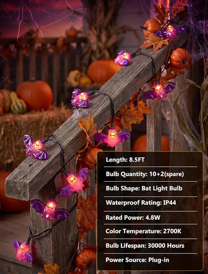 8.5Ft Halloween Bat String Lights Outdoor, 10 LED Purple Bat Decor Plug In | Shatterproof & Waterproof, End-to-end Connectable, Hanging Halloween Decoration for Home Patio Yard Party, 2700K Warm White