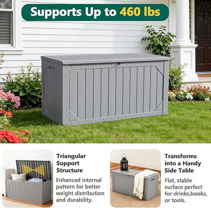 100 Gallon Outdoor Storage Box, Waterproof Resin Deck Box Organizer for Patio Cushion Storage, Lockable Outside Container for Garden Tools