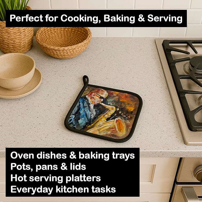 Caroline's Treasures JMK1277PTHD Jazz Sazophone Pair of Pot Holders Kitchen Heat Resistant Pot Holders Sets Oven Hot Pads for Cooking Baking BBQ, 7 1/2 x 7 1/2