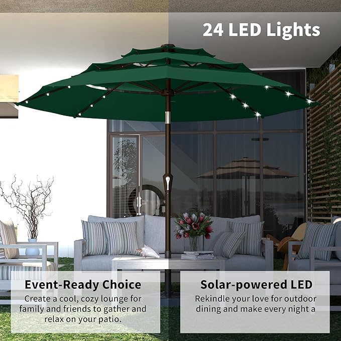 Kingdura 9ft 3-Tier Patio Umbrella with Solar Lights, Table Umbrella Outdoor Patio with Easy Crank & Tilt, 8 Sturdy Ribs, UV Protection, 32 LED Lights for Deck, Poolside, Market (Dark green)