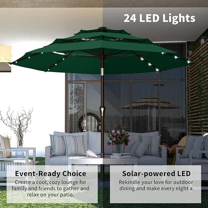 Kingdura 9ft 3-Tier Patio Umbrella with Solar Lights, Table Umbrella Outdoor Patio with Easy Crank & Tilt, 8 Sturdy Ribs, UV Protection, 32 LED Lights for Deck, Poolside, Market (Dark green)