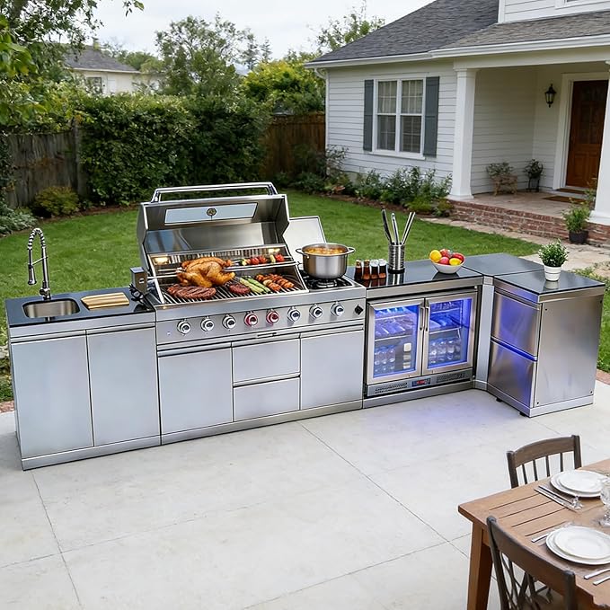 Outdoor Kitchen Island, Natural Gas Grill with Standalone Side Burner Island, 96,000 BTU BBQ Grill with Sink, Refrigerator, Granite Countertop, Grill Cart & Storage Drawers Silver+153in