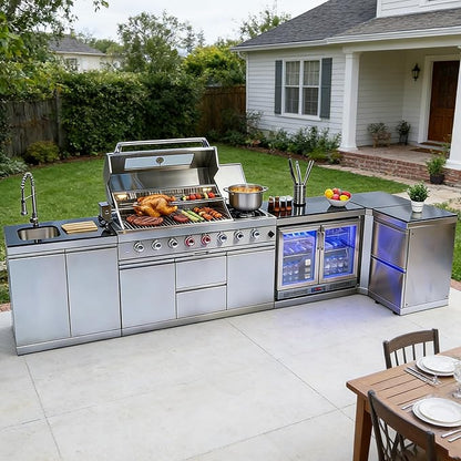 Outdoor Kitchen Island, Natural Gas Grill with Standalone Side Burner Island, 96,000 BTU BBQ Grill with Sink, Refrigerator, Granite Countertop, Grill Cart & Storage Drawers Silver+153in