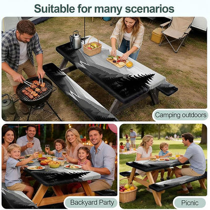 Picnic Table Cover Bench Covers Camping Essentials Tablecloth | Waterproof Vinyl for Outdoor, Windproof Elastic Fitted Edges, RV BBQ Accessories Must Haves, Storage Bag Included
