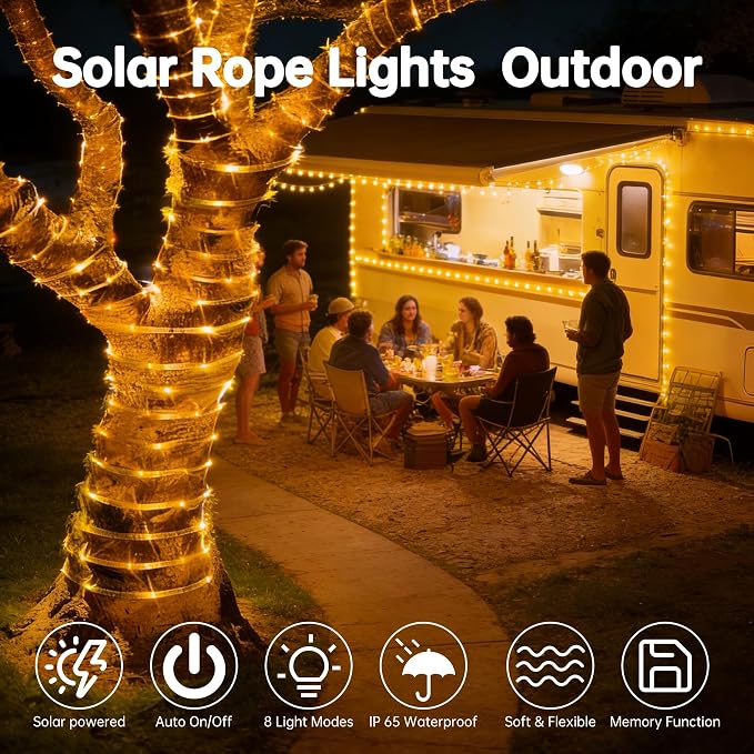 Solar Rope Lights for Outside, 2 Packs Total 132ft 400 LED Solar String Lights with 8 Modes, Waterproof Solar Outdoor Light for Patio Garden Party Tree Porch Holiday Xmas Decor - Warm White