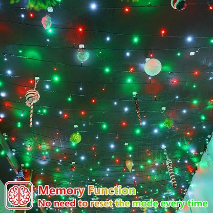 YEGUO 66ft 200 LED String Lights Outdoor Waterproof, 8 Modes Red White and Green Christmas Lights Plug in, Green Wire Twinkle Tree Lights Indoor with Timer Memory