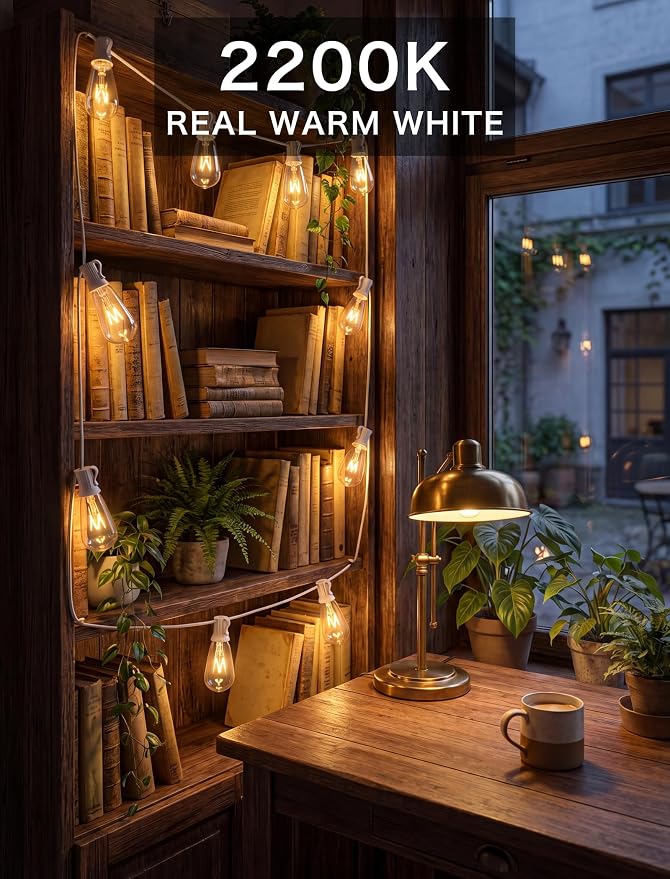 20FT Edison Outdoor String Lights with 22 Clear Edison Bulbs(2 Spare), ST40 Vintage Bulb String Lights for Christmas Hanging Backyard Porch Balcony Party Decoration, E17/C9 Socket Base, White Wire