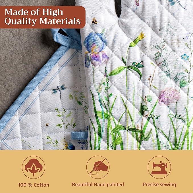 Maison d' Hermine 100% Cotton Oven Mitt & Pot Holder Set (7.5"x13" & 8"x8") Heat Resistant BBQ Cooking Gloves with Loop Baking Grilling Kitchen Hotel Home Farmhouse Spring Summer (Fleurs De Mai)