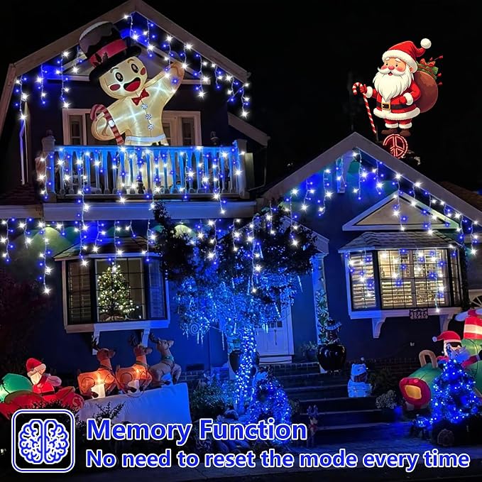 QITONG Blue and White Icicle Lights for Outside, 66ft 800 LED String Light Indoor Plug in, 8 Modes Connectable Icicle Christmas Light Clear Wire