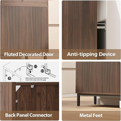 Mericonia Farmhouse Buffet Sideboard Cabinet with Storage, Fluted Coffee Bar with Doors and Adjustable Shelves, Modern Wood Console Cabinet with Drawers (4 Door, Walnut 2 Drawer)