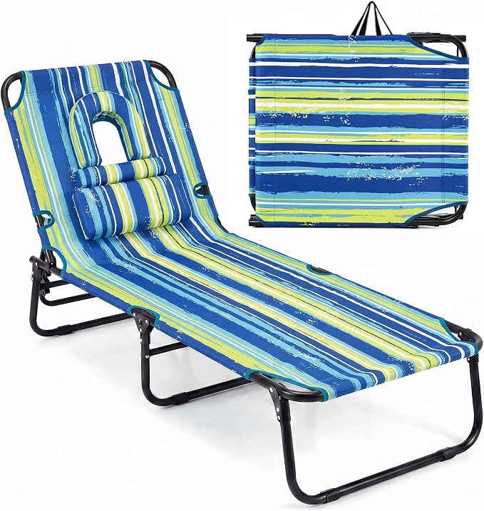 Goplus Folding Chaise Lounge Beach Chair, Face Down Tanning Chair with Face Hole Detachable Pillow, Great for Outside Pool Patio Backyard, 5-Position Adjustable (2, Blue)