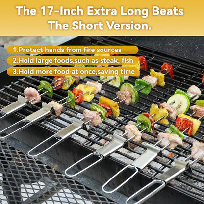 Kabob Skewers - 17" 12 Pack Metal Skewers For Kabobs with Push Bar Double Pronged Anti-Roll Flat BBQ Skewer for Grilling Stainless Steel Reusable Kebab Skewer for Meat Shrimp Chicken Veggie