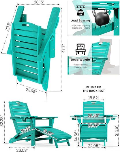 Ciokea Folding Adirondack Chair with Retractable Ottoman Fire Pit Patio Chair with Pull Out Foot Rest Weather Resistant Lawn Outdoor Lounge Chair with 2 Cup Holder (Lake Blue)