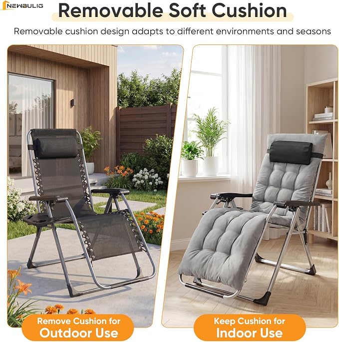 NEWBULIG Set of 2 Zero Gravity Chair, Folding Patio Recliner with Removable Cushion & Cup Holder Trays, Portable Lounge Chair for Beach & Camping, Classic Gray