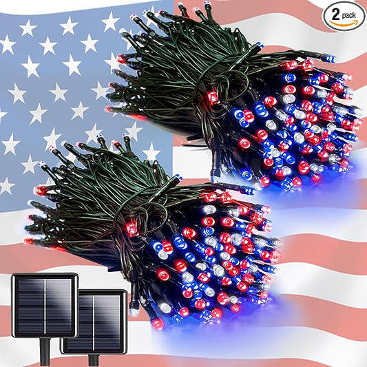 Solar String Lights Outdoor 2 Pack 200 LED Christmas Lights Red White Blue | 8 Lighting Modes, Memory Function, Auto On/Off, 66FT Waterproof Twinkle Lights for Outside Patio Yard Xmas Tree Decorations