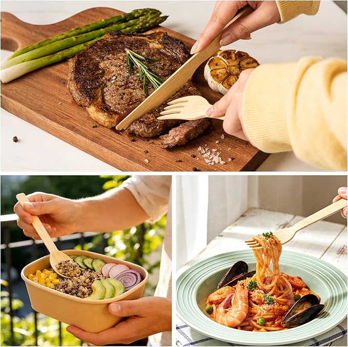 Napkin and Bamboo Cutlery Set, Compostable Utensils Disposable Cutlery for Party, Wedding, BBQ, Camping, Events-50 Pack (Forks, Knives, Spoons, Rolled Napkins)