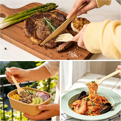 Napkin and Bamboo Cutlery Set, Compostable Utensils Disposable Cutlery for Party, Wedding, BBQ, Camping, Events-50 Pack (Forks, Knives, Spoons, Rolled Napkins)