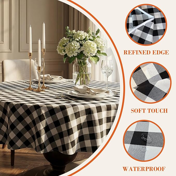 Waterproof Gingham Tablecloth, Checkered Fabric Table Cover for Kitchen Dining, Black & White Plaid Table Cloth, Rectangle Table Cloth for Indoor Outdoor Use, 60" Round