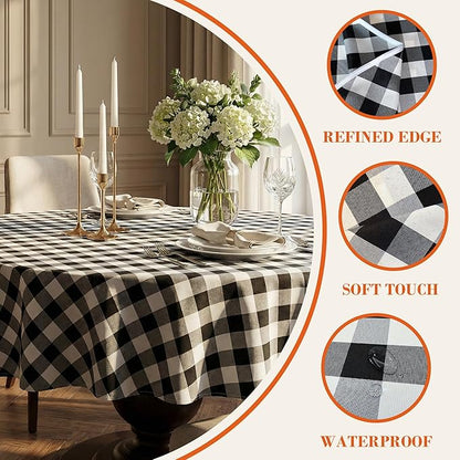 Waterproof Gingham Tablecloth, Checkered Fabric Table Cover for Kitchen Dining, Black & White Plaid Table Cloth, Rectangle Table Cloth for Indoor Outdoor Use, 60" Round