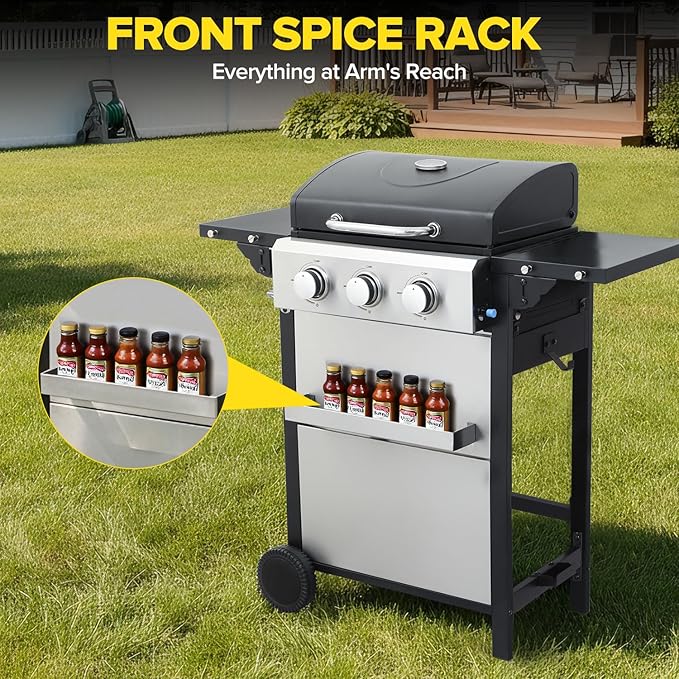 3 Burner Propane Gas Grill, 30,000 BTU Stainless Steel Outdoor BBQ Grill with 322 Sq. In. Cooking Area & 2 Foldable Side Shelves, Patio Cookout Essentials for Backyard