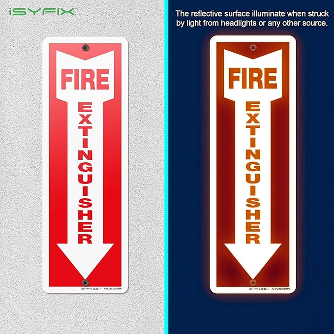 iSYFIX Reflective Fire Extinguisher Aluminum Signs – 5 Pack 4x12 Inch – Laminated for Ultimate UV and Fade Resistance, Indoor and Outdoor, for Business, Schools, Hospitals, Home