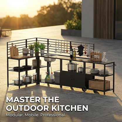 Vikiullf Aluminum Modular Outdoor Kitchen Island with Stainless Steel Sink, Movable Cart and Storage Cabinet, for Backyard BBQ, Porch Party (Black Corner)