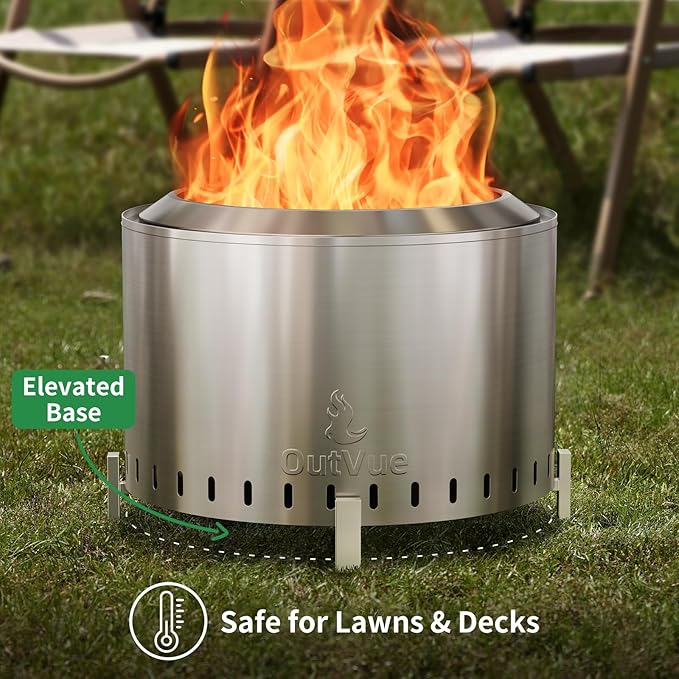 OutVue 22 inch Stainless Steel Smokeless Fire Pit, Outdoor Smokeless Firepit, Wood Burning Fire Pits for Camping, Bonfire, Low Smoke Firepit for Outside (Vertical Hole)