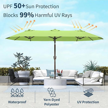15FT Double Sided Patio Umbrella with Base Included Large Outdoor Market Umbrella with Crank Handle, UV Resistant Canopy, Sturdy Frame for Garden, Poolside, Deck, Apple Green