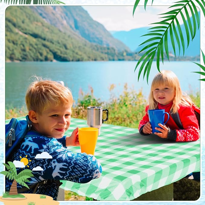 Moukeren 3 Pieces Picnic Table Cover for Kids with Bench Covers Fitted Tablecloth for Outdoors Vinyl Waterproof Cloth for Camping Home Goods Indoor Outdoor Patio BBQ(Green and White Plaid)