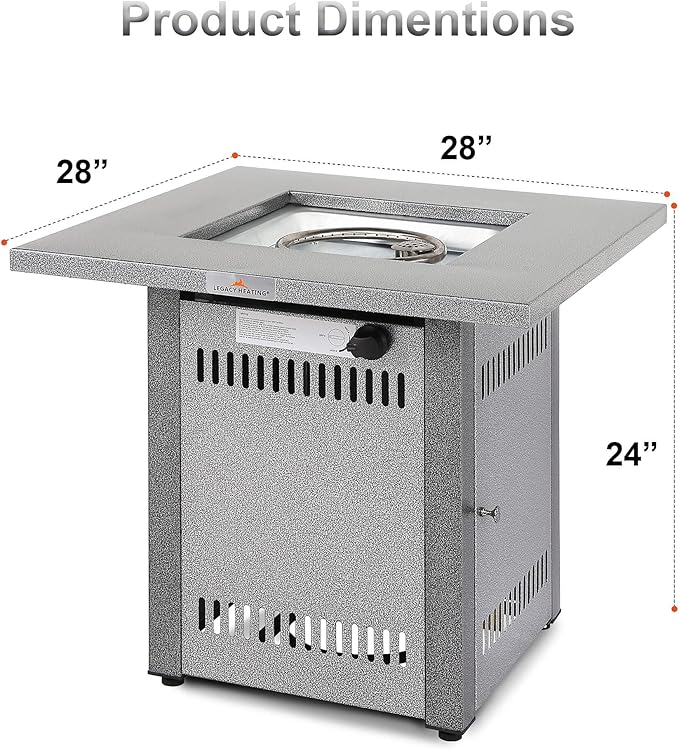 LEGACY HEATING Gas Fire Pit Table 28 inch Outdoor Propane Fire Pit Table, 50000 BTU 28" Square Fire Table with Lid & Lava Rock, Silver Grey Texture, for Outside Patio Yard Party Balcony and Lawn