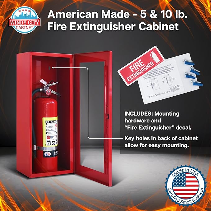 Fire Extinguisher Mount for Wall & Surface with Sign - 22 Gauge Steel, USA Made - Fire Extinguisher Cabinet Storage w/Metal Handle for Indoor & Outdoor - 24.5H x 9.25W x 6.5D - Red