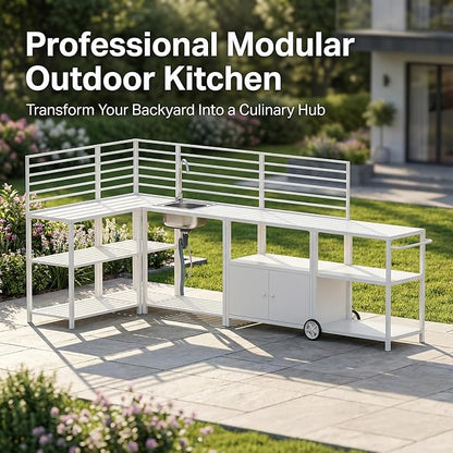 Vikiullf Aluminum Modular Outdoor Kitchen Island with Stainless Steel Sink, Movable Cart and Storage Cabinet, for Backyard BBQ, Porch Party (White Corner)