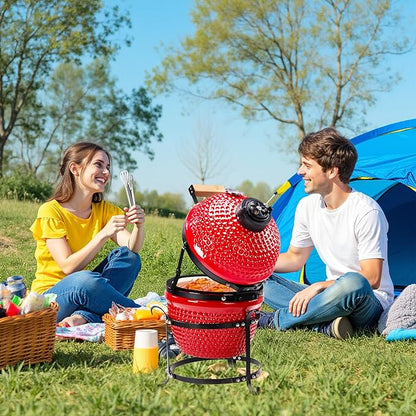 Portable Ceramic Charcoal Grill,13'' Red Spherical Ceramic Charcoal Grill with Inner Liner, Portable BBQ Smoker,Compact Outdoor Smoker for Outdoor Cooking, Camping, and Backyard Grilling