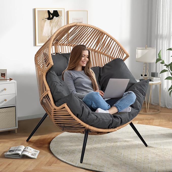 Shintenchi Wicker Egg Chair Rattan Patio Chair with Cushion, Oversized Patio Lounge Chairs Egg Basket Chair, Egg Seat for Indoor Living Room Bedroom Outside, Deep Grey