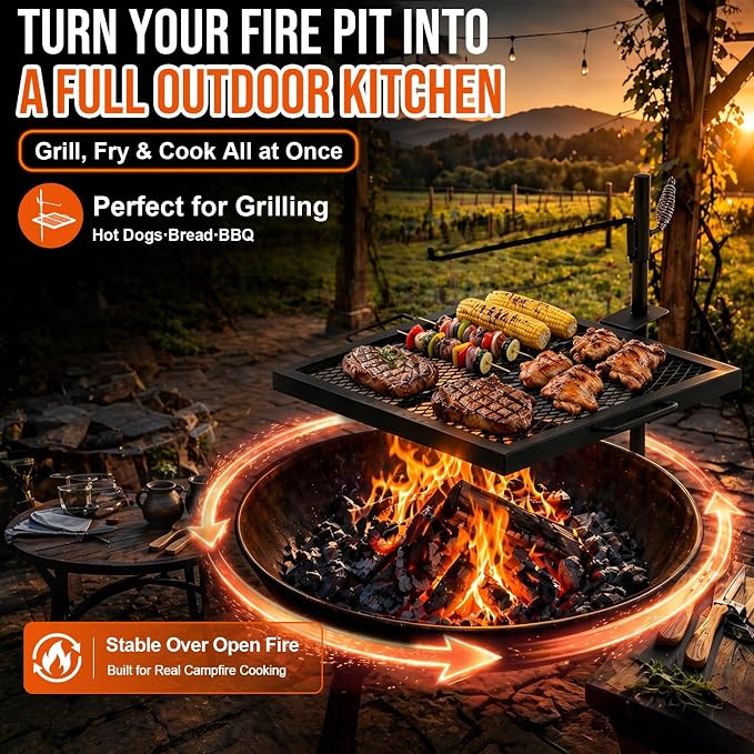 18.5"x16.4" Campfire Grill Grate, Heavy Duty Over Open Fire Cooking Grate with Adjustable Height & 360° Swivel, Portable Foldable BBQ Rack for Outdoor Camping, Tailgating & Patio