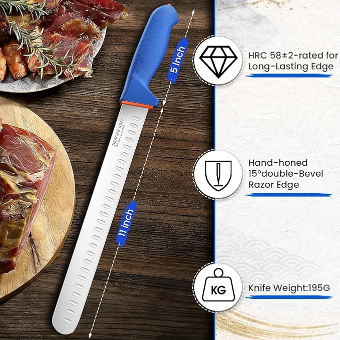 DRAGON RIOT Carving Knife 10 Inch, Brisket Slicing Knife, Ultra Sharp Straight Edge Meat Knife, German 1.4116 Stainless Steel, Professional Slicer for Beef, Turkey & BBQ, Non-Slip Blue Handle