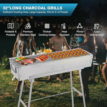 IRONWALLS Portable Charcoal Grills, 32" x 8" Stainless Steel Folded Camping Grill Kebab Skewer Barbecue Grill Kit for Garden Backyard Party Picnic Travel Home Outdoor Cooking Use