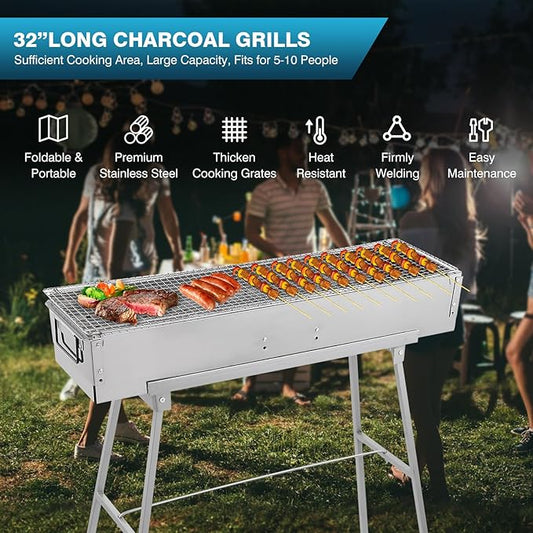 IRONWALLS Portable Charcoal Grills, 32" x 8" Stainless Steel Folded Camping Grill Kebab Skewer Barbecue Grill Kit for Garden Backyard Party Picnic Travel Home Outdoor Cooking Use
