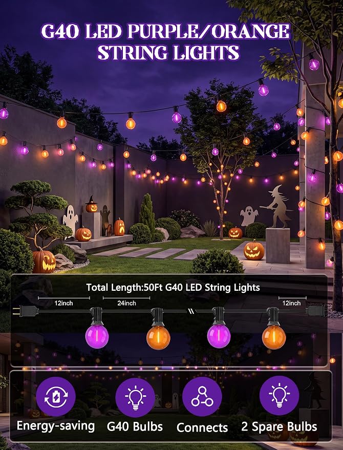 LED Outdoor Halloween Lights, 50FT 25 G40 Orange Purple Globe String Lights | Plug in, Dimmable, IP65 Waterproof, Hanging Outdoor Halloween Decorations Patio Lights for Porch Backyard Garden Party Decor