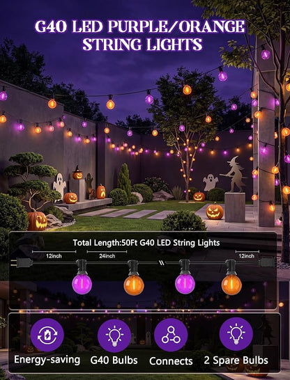 LED Outdoor Halloween Lights, 50FT 25 G40 Orange Purple Globe String Lights | Plug in, Dimmable, IP65 Waterproof, Hanging Outdoor Halloween Decorations Patio Lights for Porch Backyard Garden Party Decor