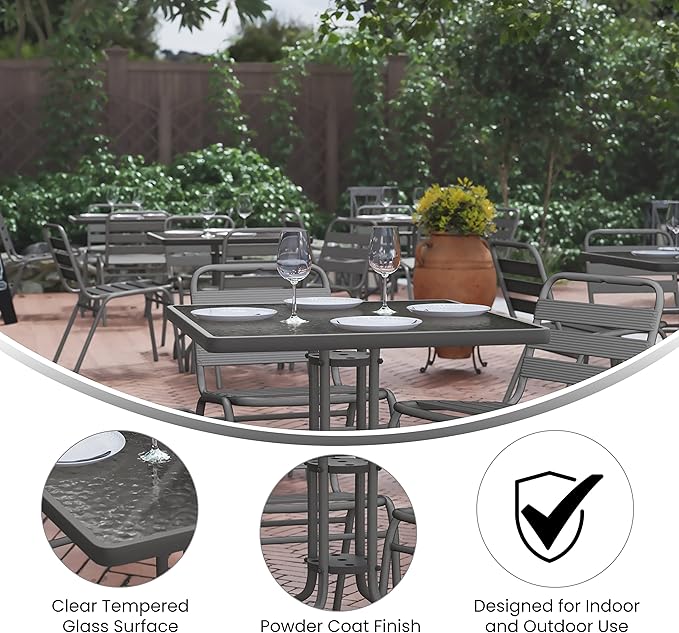 Flash Furniture TLH-0732SQ-017CSV4-GG Lila 31.5'' Square Glass Table with 4 Metal Aluminum Slat Stack Chairs, Silver