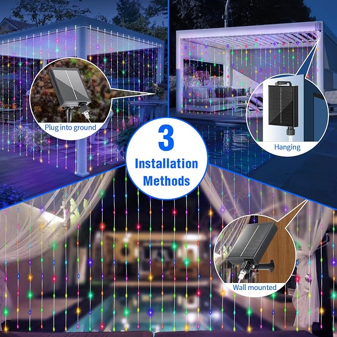Solar Curtain Lights Outdoor Waterproof 10x10Ft 300LED Multicolor Cool White Dual Color Changing Fairy String Lights with Dimmable Remote Timer Memory for Christmas Balcony Pergola Patio
